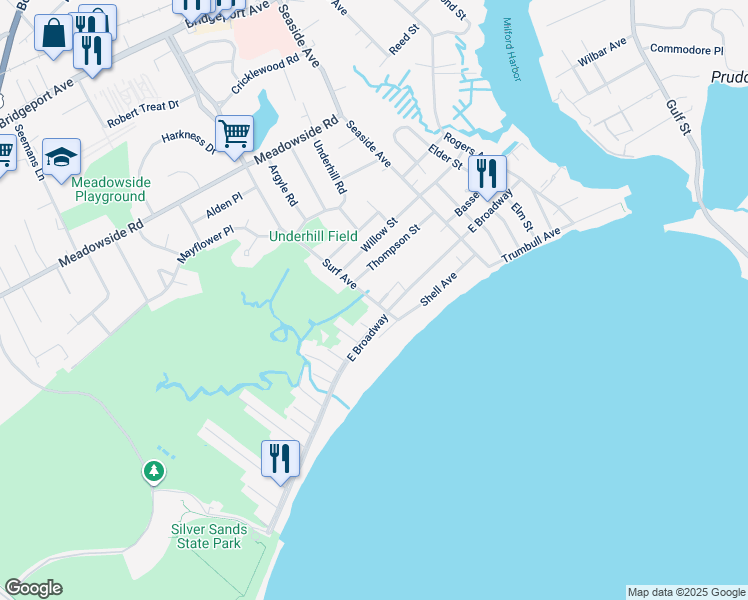 map of restaurants, bars, coffee shops, grocery stores, and more near 107 Mariners Walk in Milford