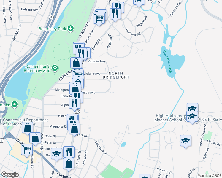 map of restaurants, bars, coffee shops, grocery stores, and more near 255 Texas Avenue in Bridgeport