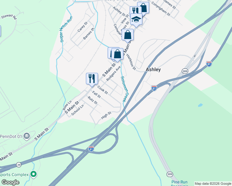 map of restaurants, bars, coffee shops, grocery stores, and more near 46-48 Wyoming Street in Ashley