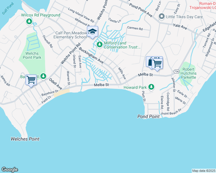 map of restaurants, bars, coffee shops, grocery stores, and more near 71 Melba Street in Milford