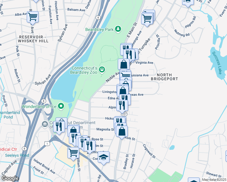 map of restaurants, bars, coffee shops, grocery stores, and more near 123 Livingston Place in Bridgeport