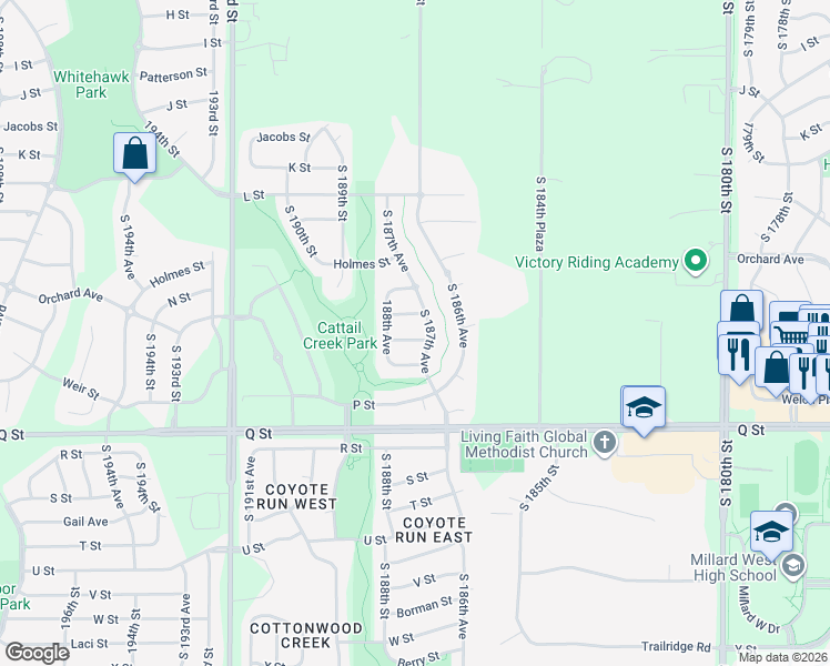 map of restaurants, bars, coffee shops, grocery stores, and more near 18762 O Street in Omaha
