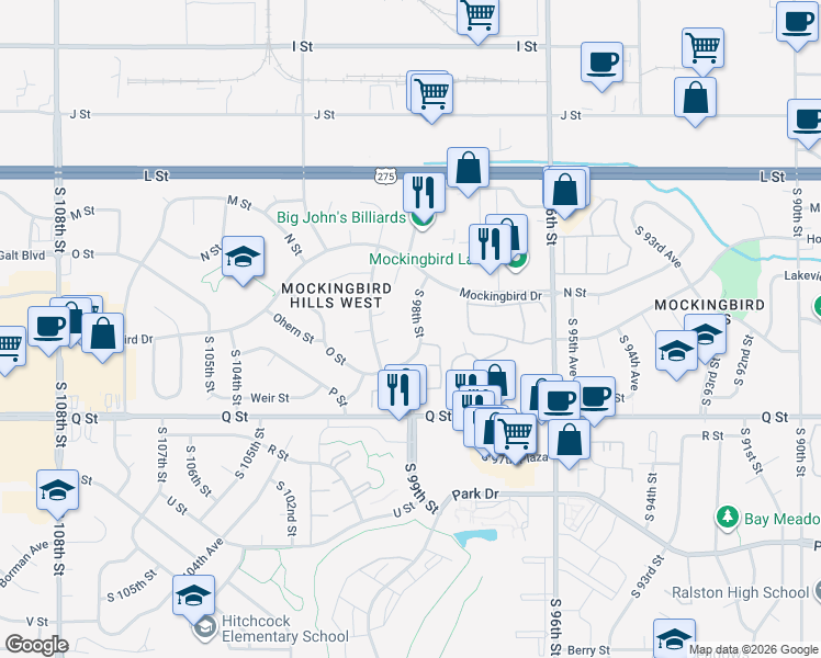 map of restaurants, bars, coffee shops, grocery stores, and more near 5030 South 98th Street in Omaha