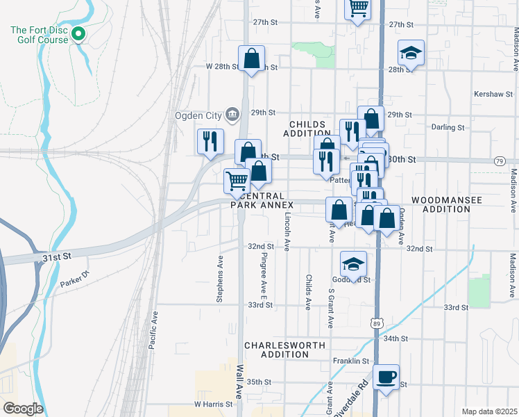 map of restaurants, bars, coffee shops, grocery stores, and more near 127 Utah 79 in Ogden