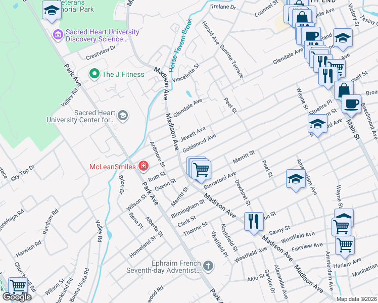 map of restaurants, bars, coffee shops, grocery stores, and more near 721 Goldenrod Avenue in Bridgeport