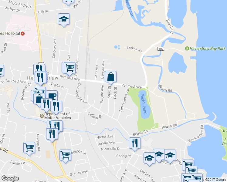 map of restaurants, bars, coffee shops, grocery stores, and more near 9 Peck Street in West Haverstraw