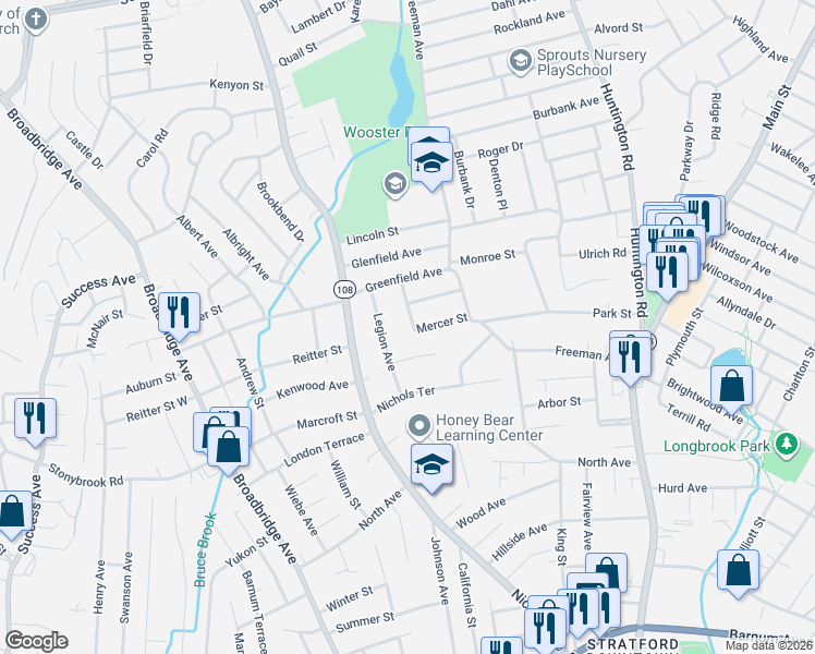 map of restaurants, bars, coffee shops, grocery stores, and more near 154 Legion Avenue in Stratford