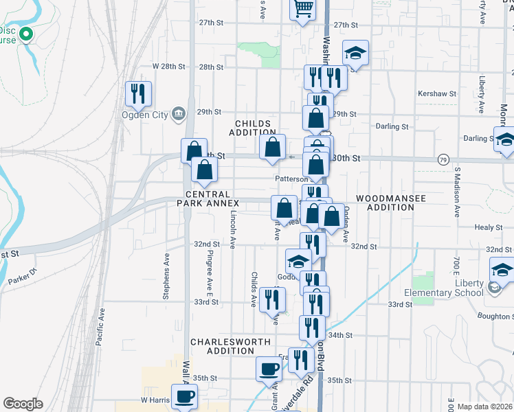 map of restaurants, bars, coffee shops, grocery stores, and more near 247 Utah 79 in Ogden