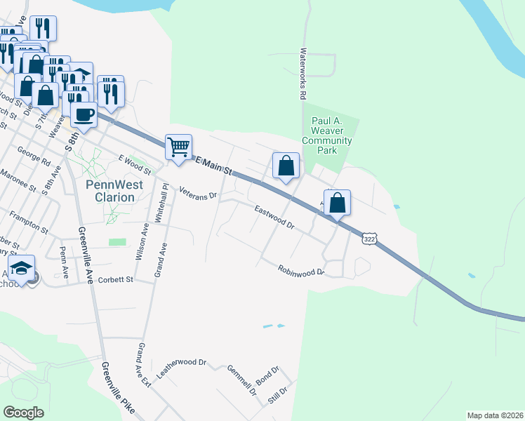 map of restaurants, bars, coffee shops, grocery stores, and more near 1276 Eastwood Drive in Clarion