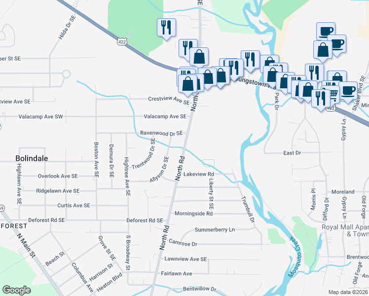 map of restaurants, bars, coffee shops, grocery stores, and more near 2374 North Road Southeast in Niles