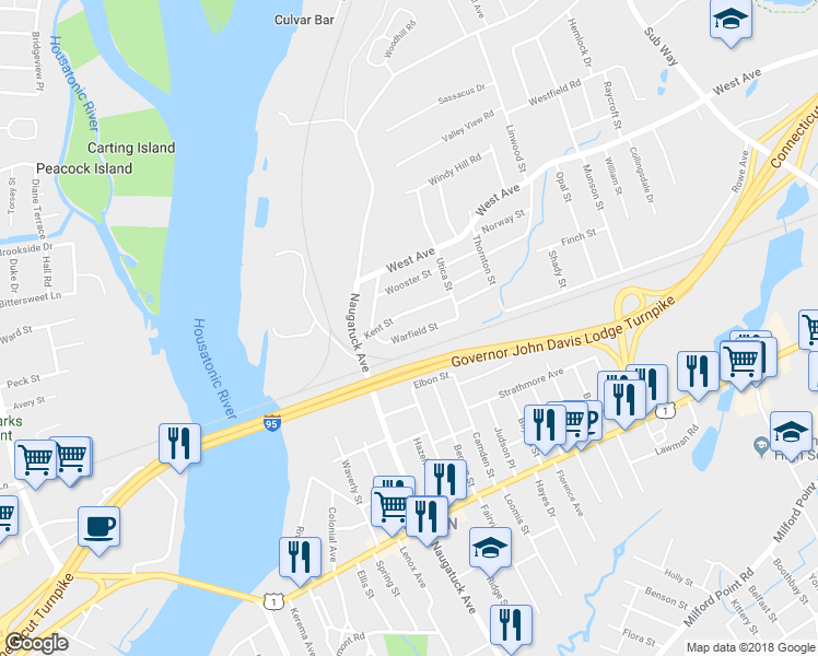 map of restaurants, bars, coffee shops, grocery stores, and more near 36 Warfield Street in Milford
