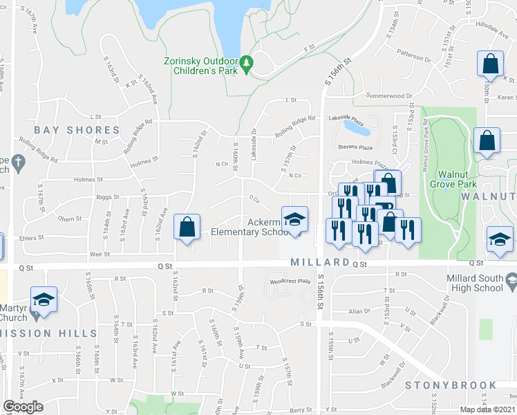 map of restaurants, bars, coffee shops, grocery stores, and more near 15729 O Circle in Omaha