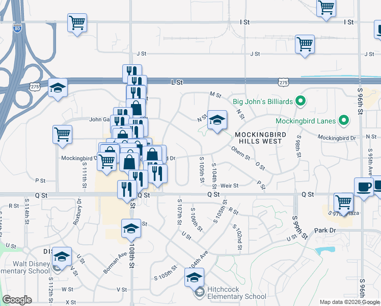 map of restaurants, bars, coffee shops, grocery stores, and more near 10512 Mockingbird Drive in Omaha
