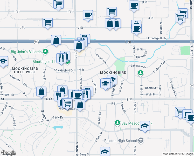map of restaurants, bars, coffee shops, grocery stores, and more near 5012 South 94th Street in Omaha