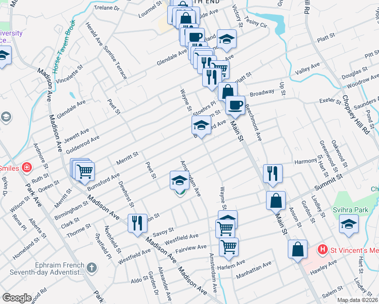 map of restaurants, bars, coffee shops, grocery stores, and more near in Bridgeport