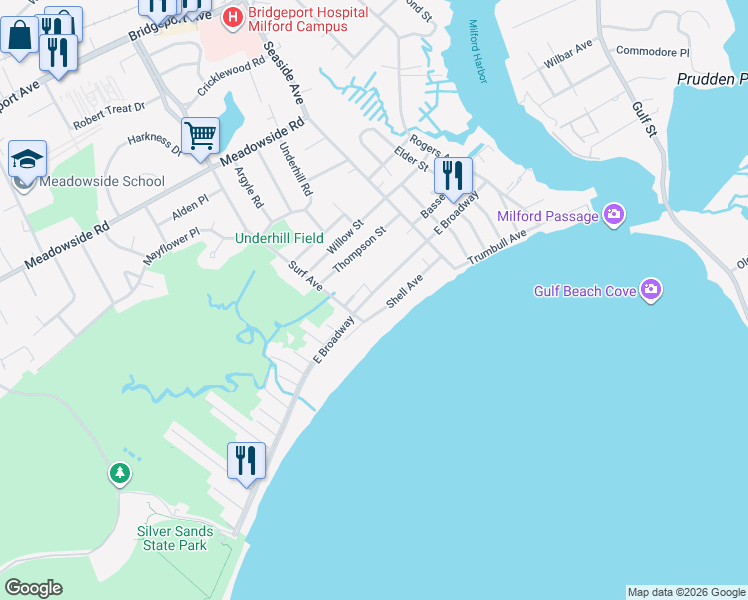 map of restaurants, bars, coffee shops, grocery stores, and more near 945 East Broadway in Milford