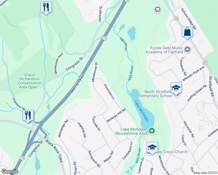 map of restaurants, bars, coffee shops, grocery stores, and more near 150 Primrose Lane in Fairfield