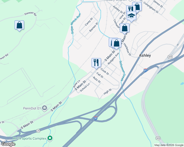 map of restaurants, bars, coffee shops, grocery stores, and more near 137 S Main St in Ashley