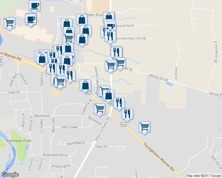 map of restaurants, bars, coffee shops, grocery stores, and more near 2602 Niles Cortland Road Southeast in Warren
