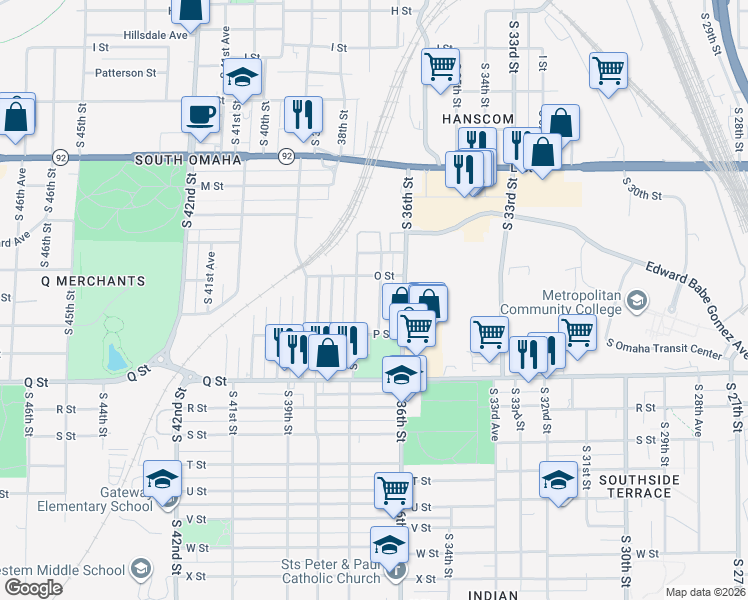 map of restaurants, bars, coffee shops, grocery stores, and more near 5026 South 36th Avenue in Omaha