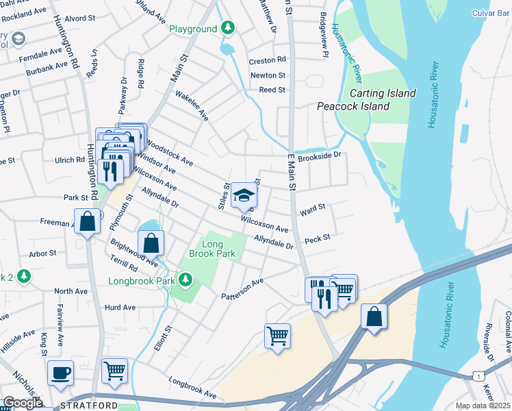 map of restaurants, bars, coffee shops, grocery stores, and more near 50 Beacon Street in Stratford