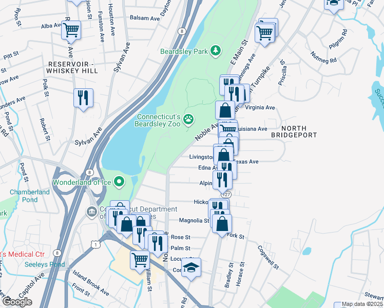 map of restaurants, bars, coffee shops, grocery stores, and more near 55 Livingston Place in Bridgeport