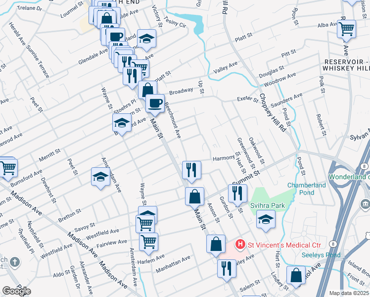 map of restaurants, bars, coffee shops, grocery stores, and more near 184 Beechmont Avenue in Bridgeport