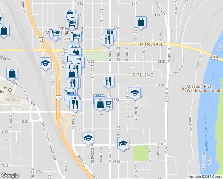 map of restaurants, bars, coffee shops, grocery stores, and more near 5007 South 20th Street in Omaha