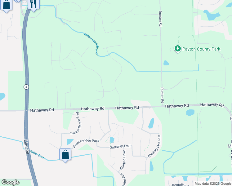map of restaurants, bars, coffee shops, grocery stores, and more near 1036 Hathaway Road in Fort Wayne