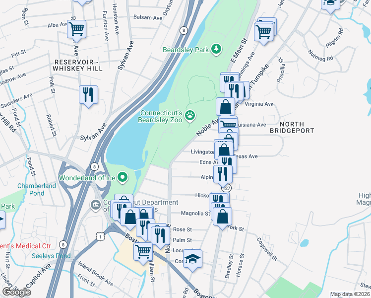 map of restaurants, bars, coffee shops, grocery stores, and more near 55 Livingston Place in Bridgeport
