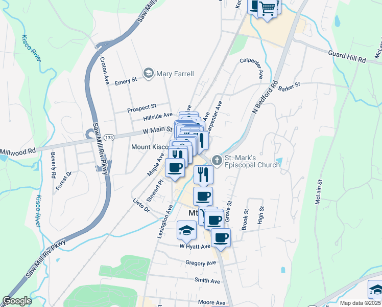 map of restaurants, bars, coffee shops, grocery stores, and more near 5 South Moger Avenue in Mount Kisco