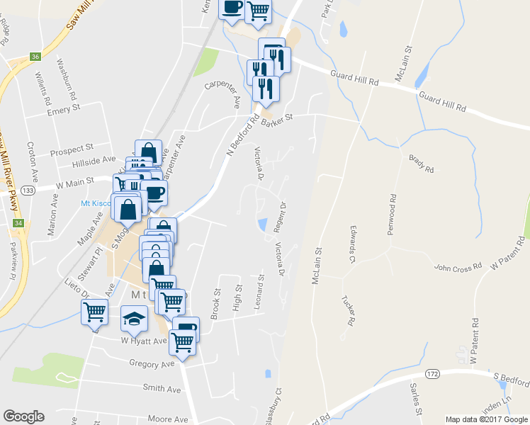 map of restaurants, bars, coffee shops, grocery stores, and more near 3304 Victoria Drive in Mount Kisco