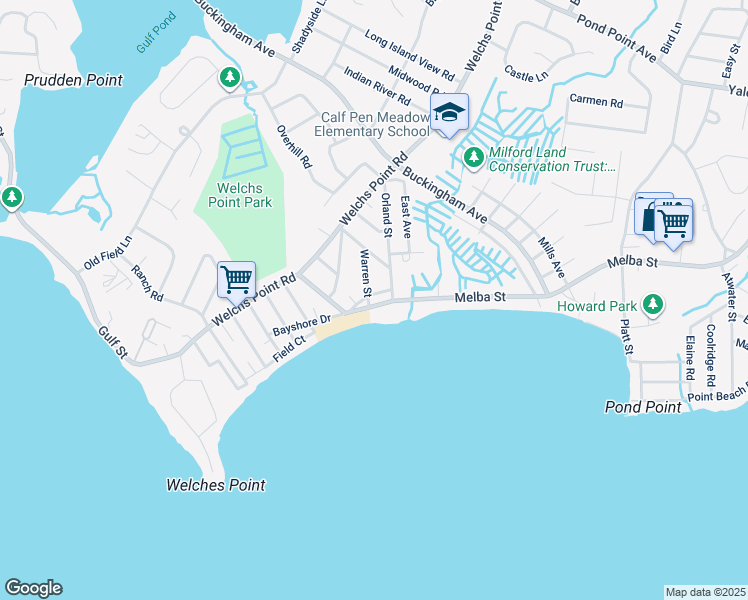 map of restaurants, bars, coffee shops, grocery stores, and more near 23 Bayshore Drive in Milford