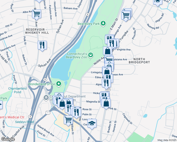 map of restaurants, bars, coffee shops, grocery stores, and more near 55 Livingston Place in Bridgeport