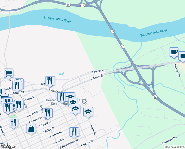 map of restaurants, bars, coffee shops, grocery stores, and more near 1 Division St in Nanticoke