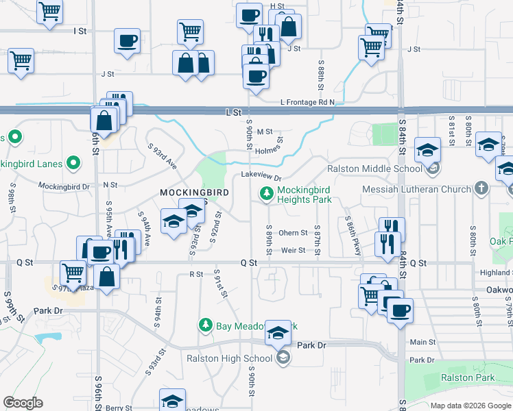 map of restaurants, bars, coffee shops, grocery stores, and more near in Ralston