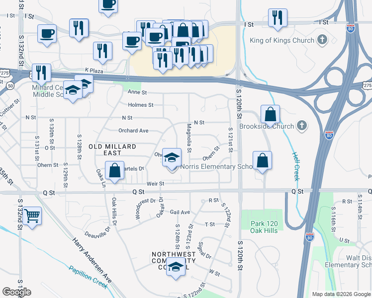 map of restaurants, bars, coffee shops, grocery stores, and more near 5006 Magnolia Street in Omaha
