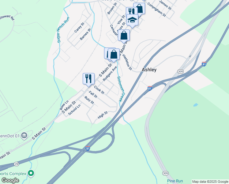 map of restaurants, bars, coffee shops, grocery stores, and more near 46 Wyoming Street in Ashley
