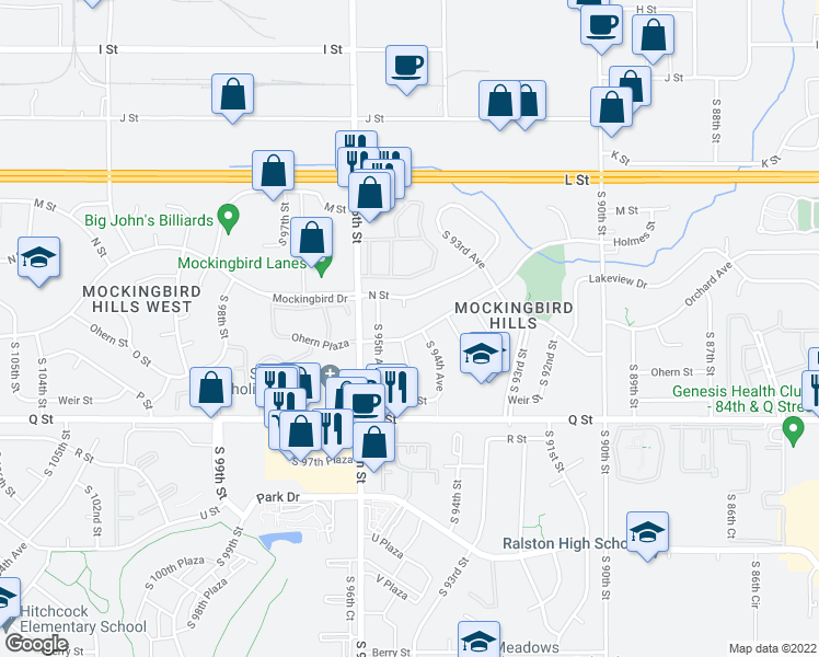 map of restaurants, bars, coffee shops, grocery stores, and more near 9462 Mockingbird Drive in Omaha