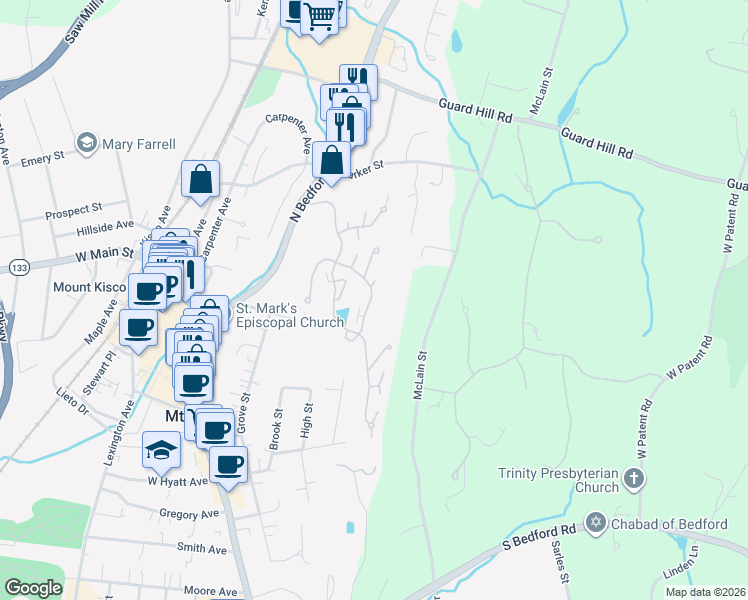 map of restaurants, bars, coffee shops, grocery stores, and more near 1804 Regent Drive in Mount Kisco