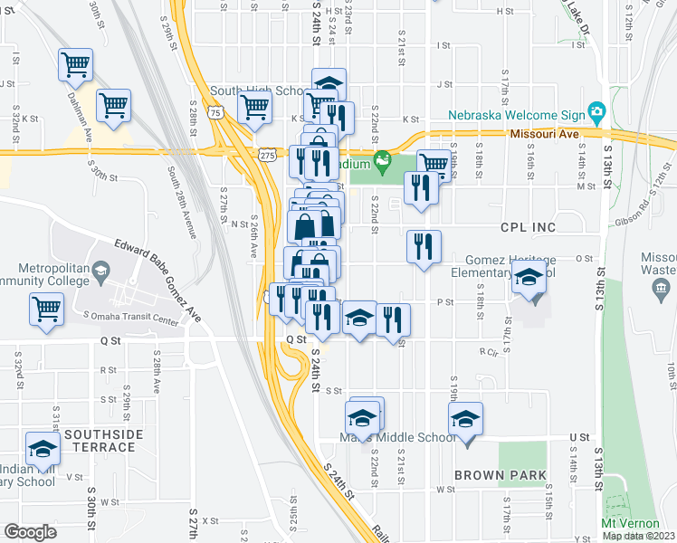 map of restaurants, bars, coffee shops, grocery stores, and more near 2311 O Street in Omaha