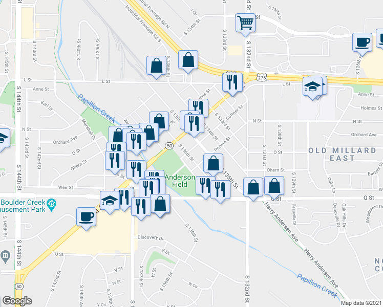 map of restaurants, bars, coffee shops, grocery stores, and more near 13519 Cottner Street in Omaha