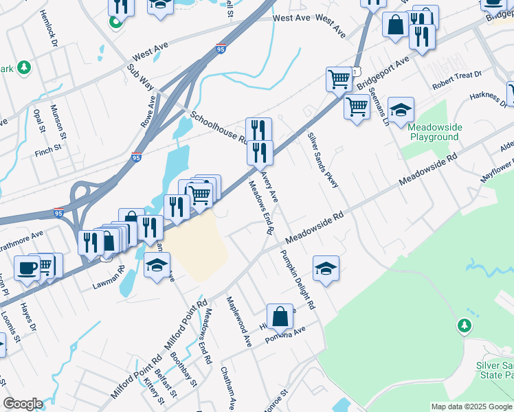 map of restaurants, bars, coffee shops, grocery stores, and more near 37 Meadows End Road in Milford