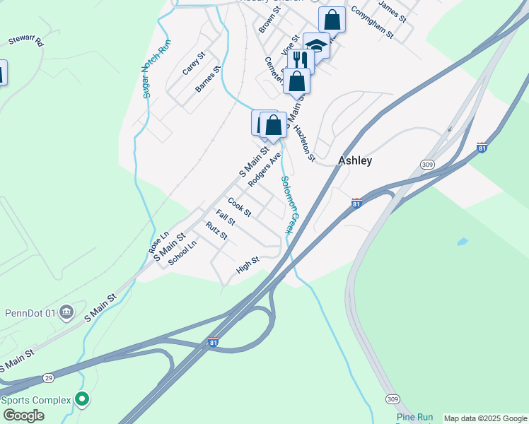 map of restaurants, bars, coffee shops, grocery stores, and more near 35 Wyoming Street in Ashley