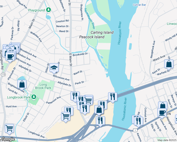 map of restaurants, bars, coffee shops, grocery stores, and more near 65 Ward Street in Stratford
