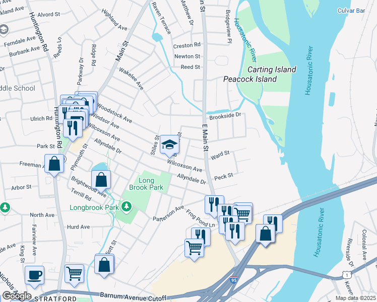 map of restaurants, bars, coffee shops, grocery stores, and more near 72 Horace Street in Stratford