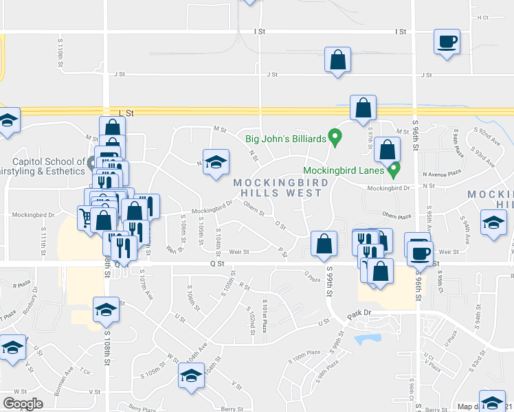 map of restaurants, bars, coffee shops, grocery stores, and more near 10224 Ohern Street in Omaha