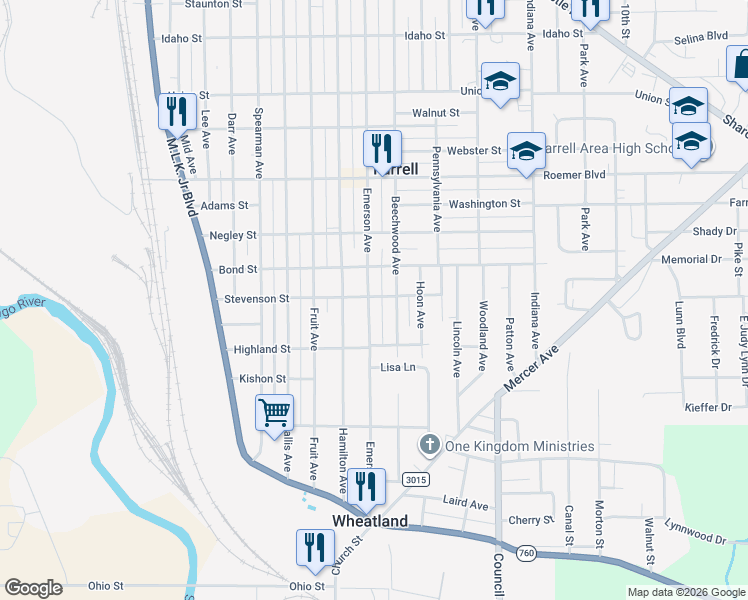 map of restaurants, bars, coffee shops, grocery stores, and more near 391 Emerson Avenue in Farrell
