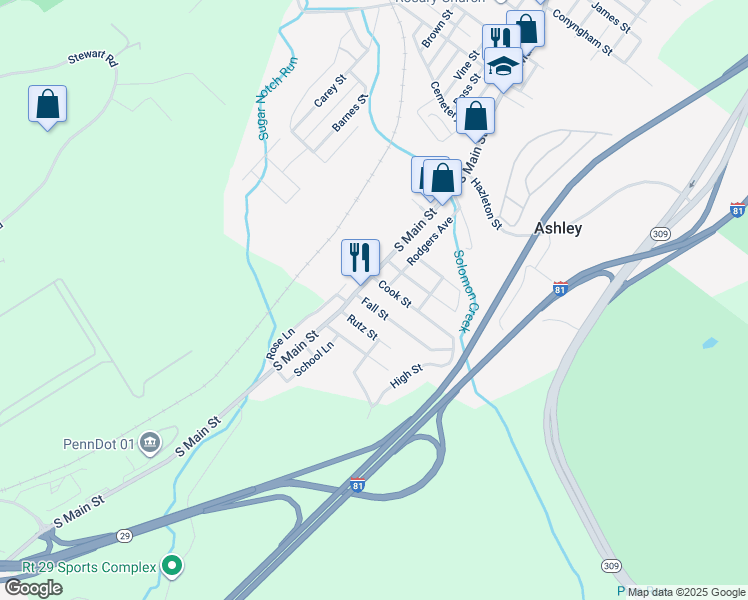 map of restaurants, bars, coffee shops, grocery stores, and more near 11 Cook St in Ashley