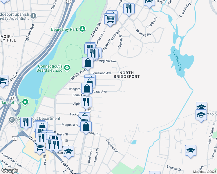 map of restaurants, bars, coffee shops, grocery stores, and more near 158 Ohio Avenue in Bridgeport